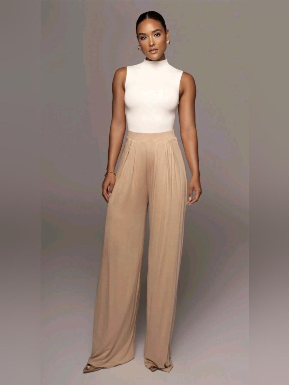 JLUXLABEL Tan Beige Devyn Wide Leg Pleated Trousers Size S NWT